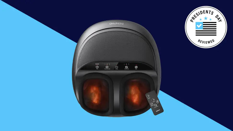 Renpho foot massager against a blue background.