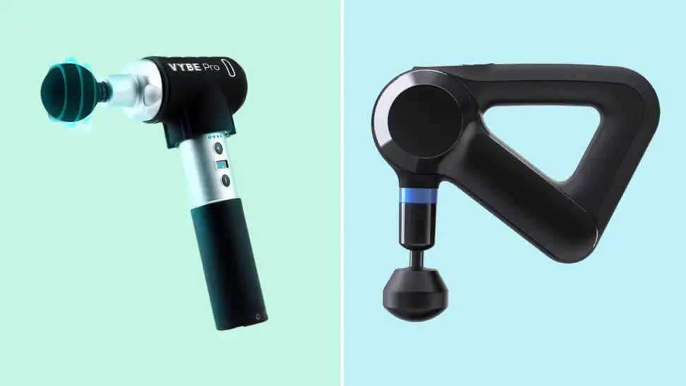 Massage guns on a blue and green background.