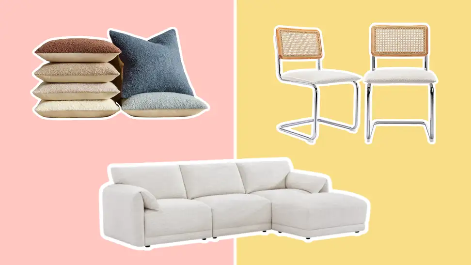 Pottery Barn Boucle pillows stacked on each other, a Boucle sectional couch, and Boucle chairs.