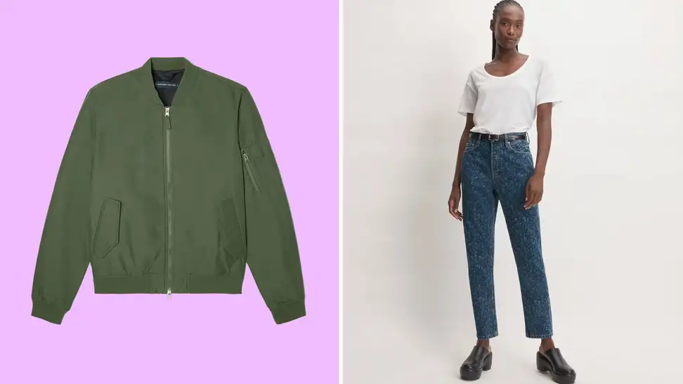 An Everlane bomber jacket and a model showing off the brand's jeans.