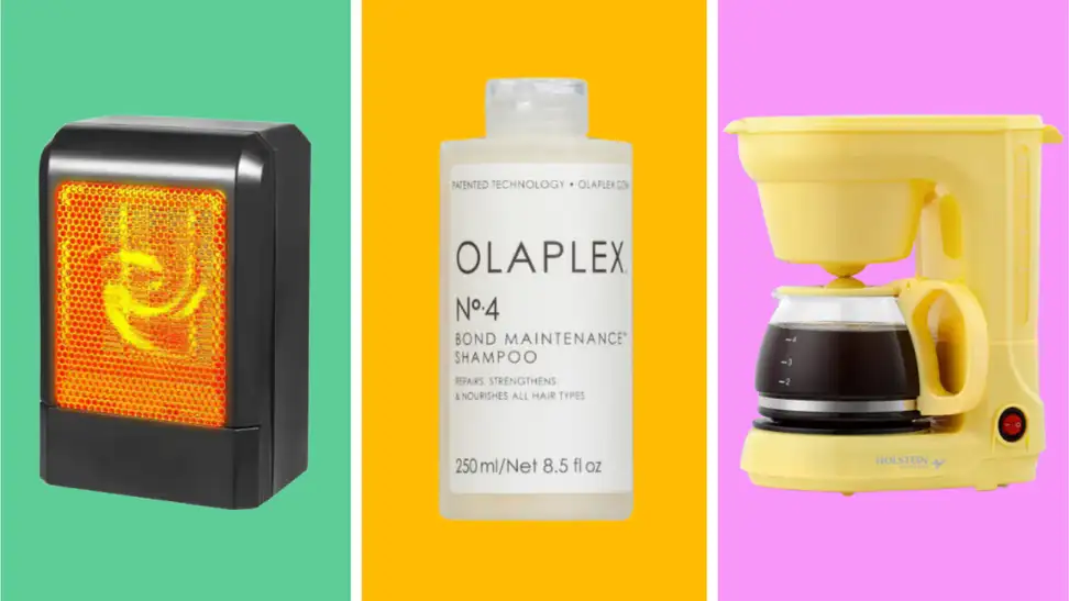 An image of a space heater, a bottle of Olaplex No. 4 shampoo, and a yellow coffee pot.