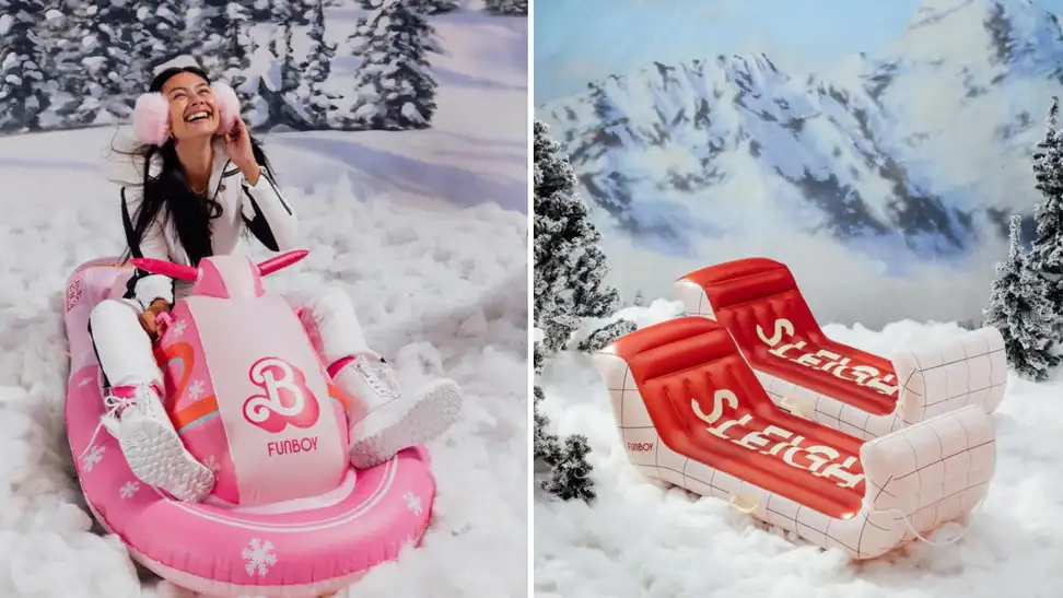 A set of Funboy inflatable sleds in front of decorative winter backgrounds.