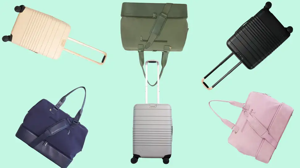 An array of Béis weekender and carry-on roller bags positioned in a circle on a seafoam green background.