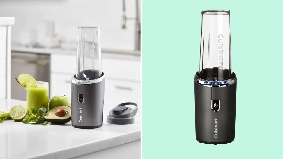 A Cuisinart EvolutionX RPB-100 blender on a kitchen table and a green background.