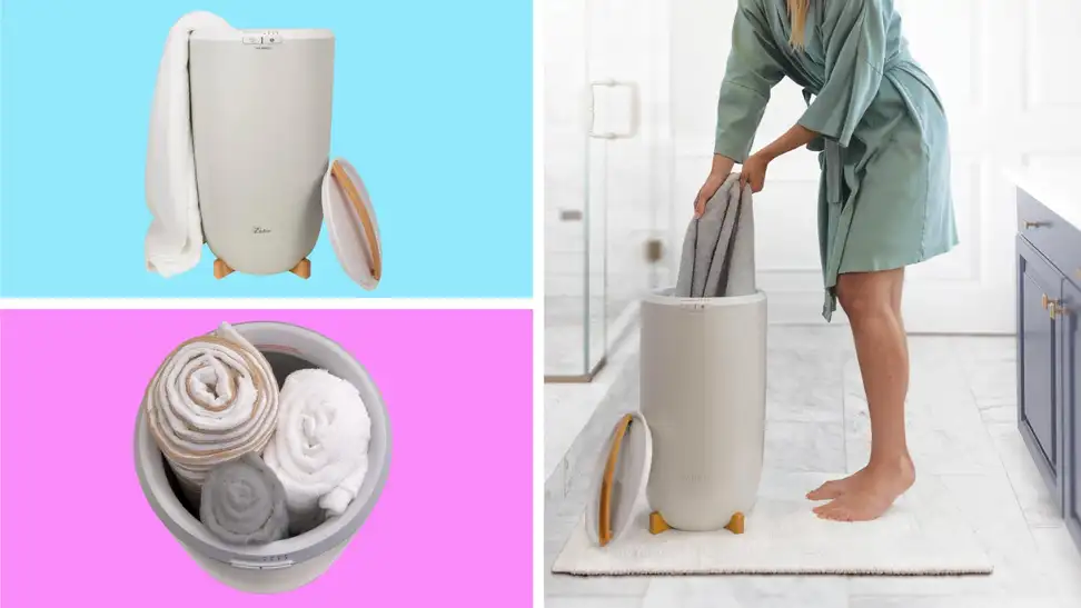 A Zadro towel warmer in front of various backgrounds.