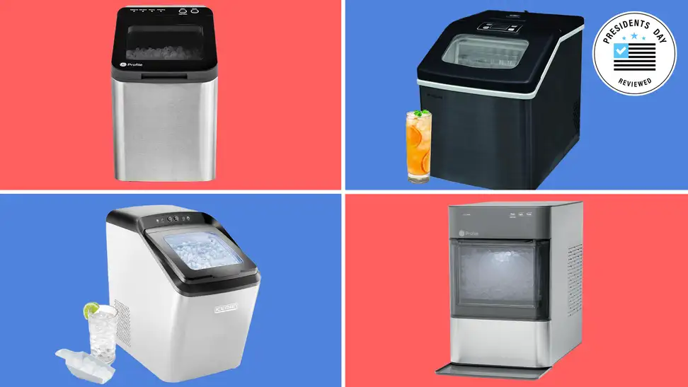 Photo collage of four different ice makers, two next to chilled beverages with ice.