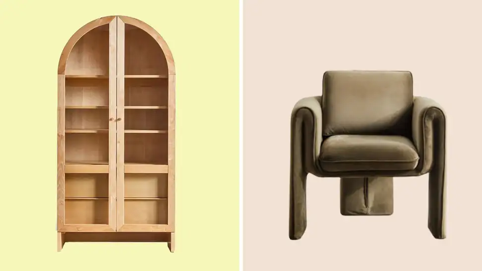 cabinet and olive velvet chair on yellow and beige background