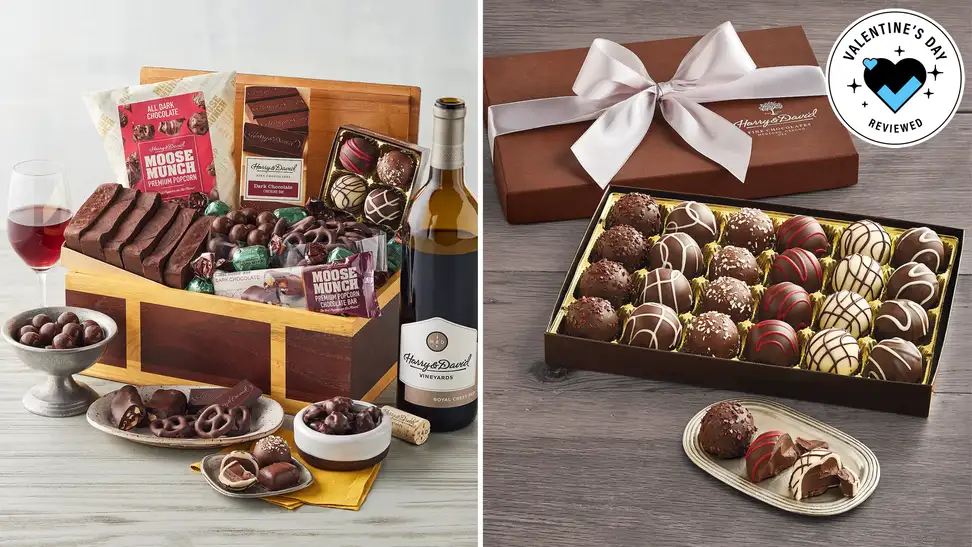 Harry & David chocolates, wine, and gift baskets with a Valentine's Day badge in the corner.