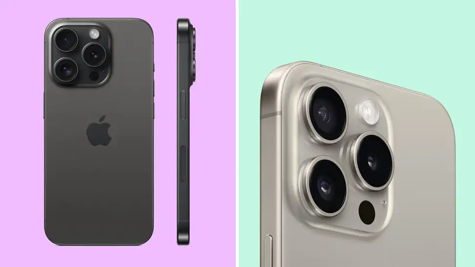 A colorful collage with an iPhone 15 Pro and Pro Max.