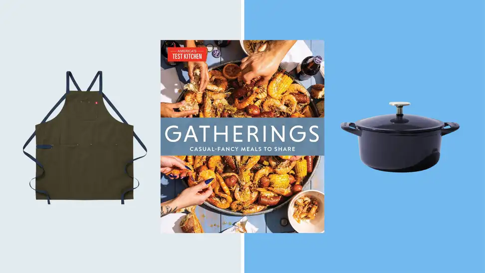 A collage featuring an apron, a cookbook and an iron Dutch oven.