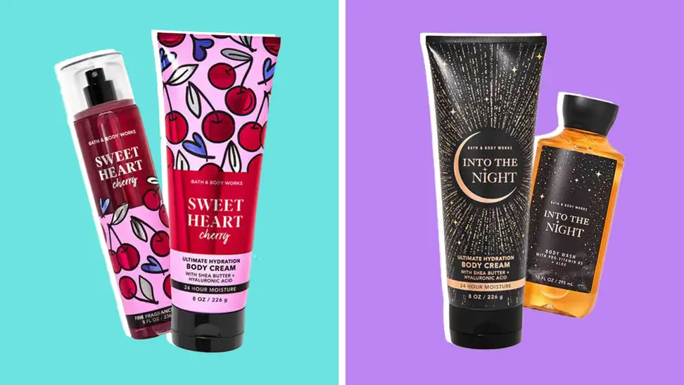 Bath & Body Works Sweet Heart Cheery fragrance and body cream next to Bath & Body Works Into the Night body cream and body wash against a green and purple background.