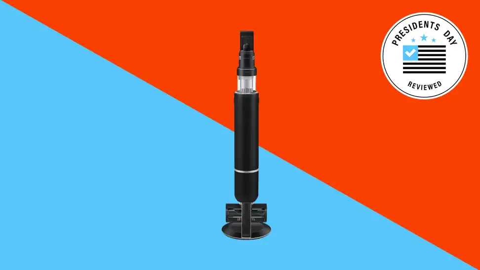 Samsung Bespoke Jet AI Cordless Stick Vacuum on colorful background