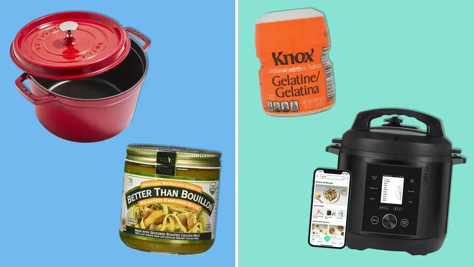 A selection of tools to make soup at home including a Staub, Knox Gelatin, Better than Bullion, and Chef iQ.