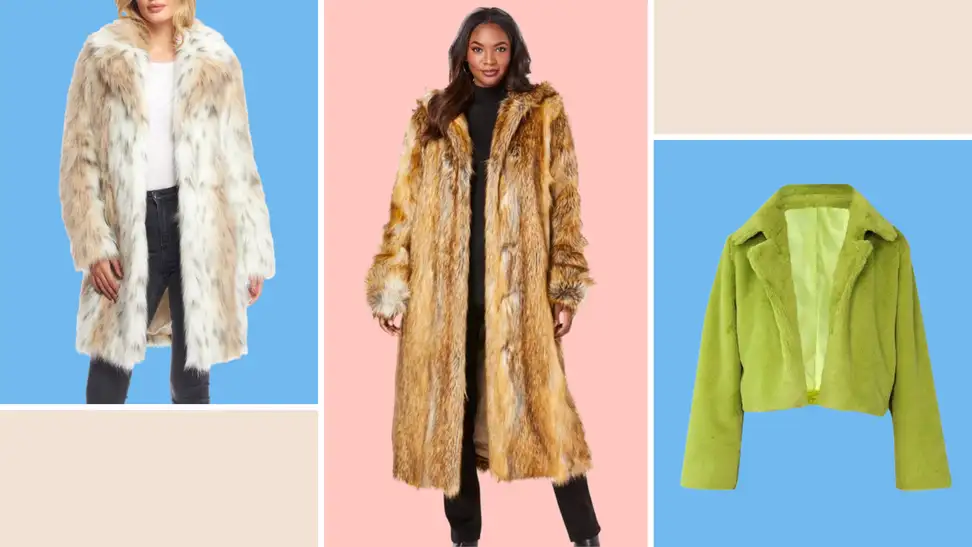 A model wearing a faux fur snow lynx coat, a model wearing a long brown faux fur coat, and a cropped green faux fur jacket.
