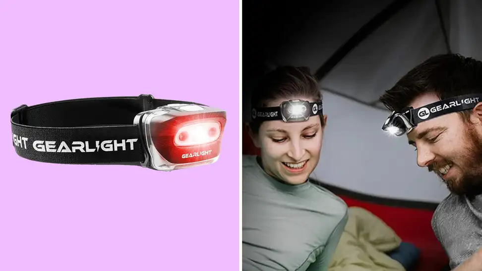 A collage with a GearLight S500 headlamp and two campers wearing it.