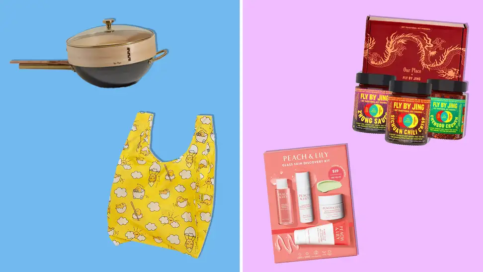 A collection of our favorite gifts for Lunar New Year, including the Our Place Saucy Wok, Baggu, Peach and Lily Glass Skin Kit and Fly By Jing chili crisp on blue and pink background.