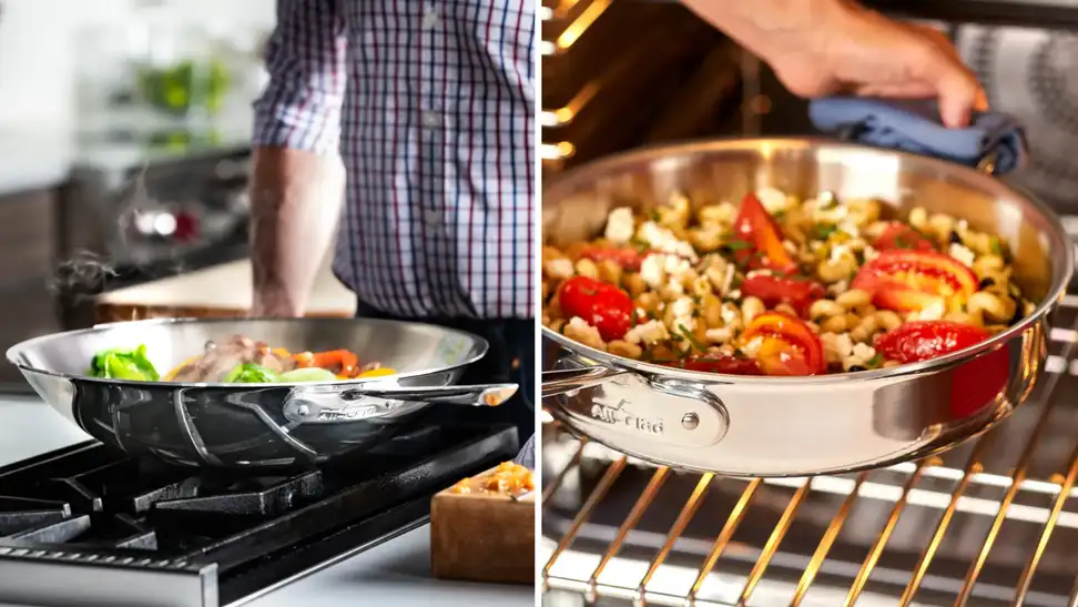 A collage of an All-Clad wok holding different kinds of food.