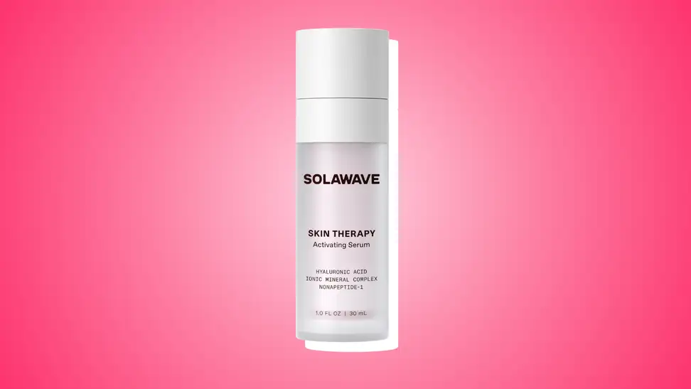 SolaWave serum against a pink background.
