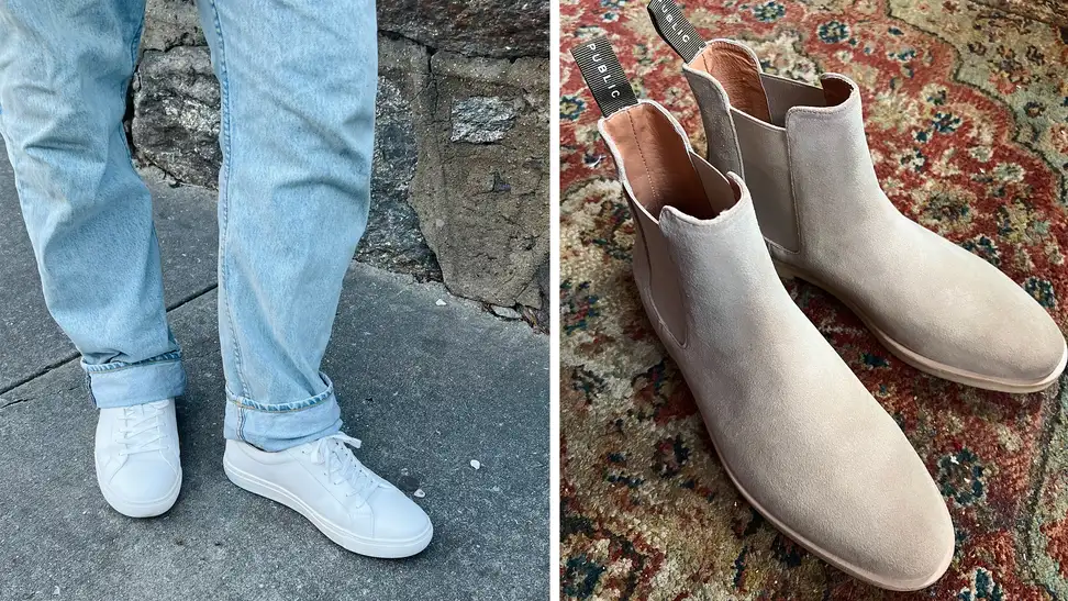 Collage image of a pair of beige Chelsea boots on an oriental rug, and someone wearing a pair of white sneakers with light jeans.