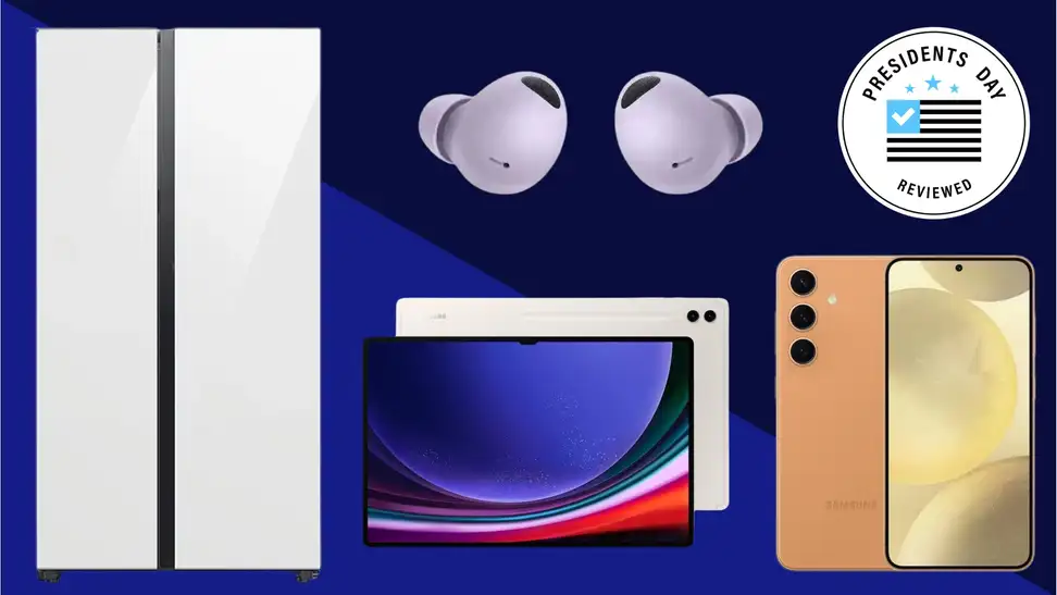 A collection of Samsung gadgets with the Presidents Day Reviewed badge in front of a colored background.