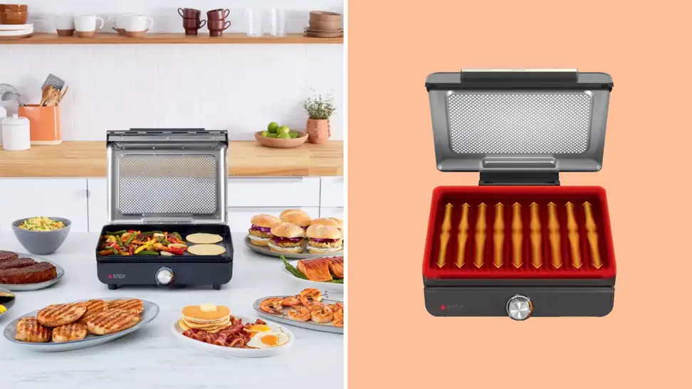 An orange collage with a Ninja Sizzle Smokeless Nonstick Indoor Grill on a kitchen background.