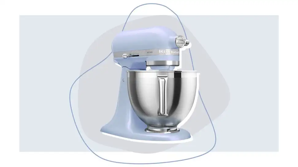 Product shot of KitchenAid Stand Mixer in new Blue Salt color in front of background.