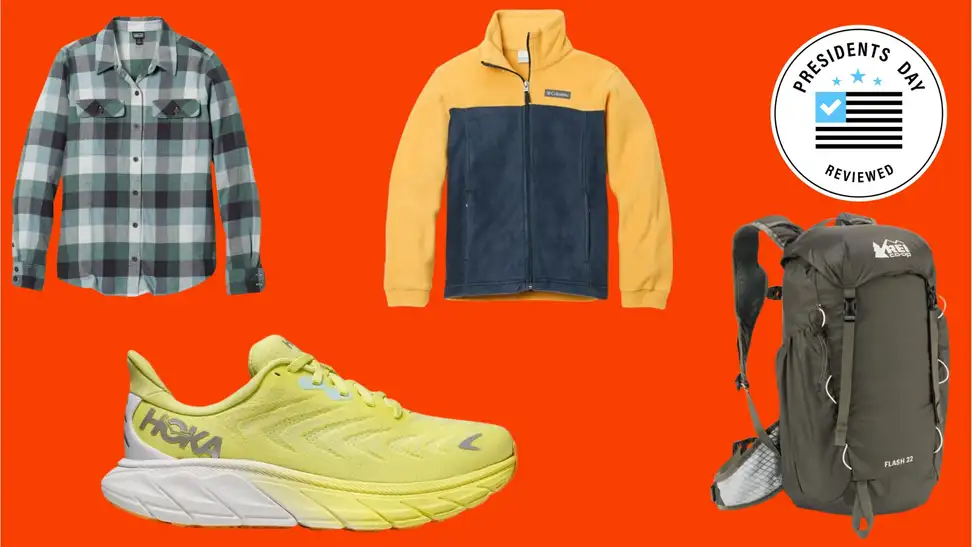 A collection of outdoor essentials with the Presidents Day Reviewed badge in front of a colored background.