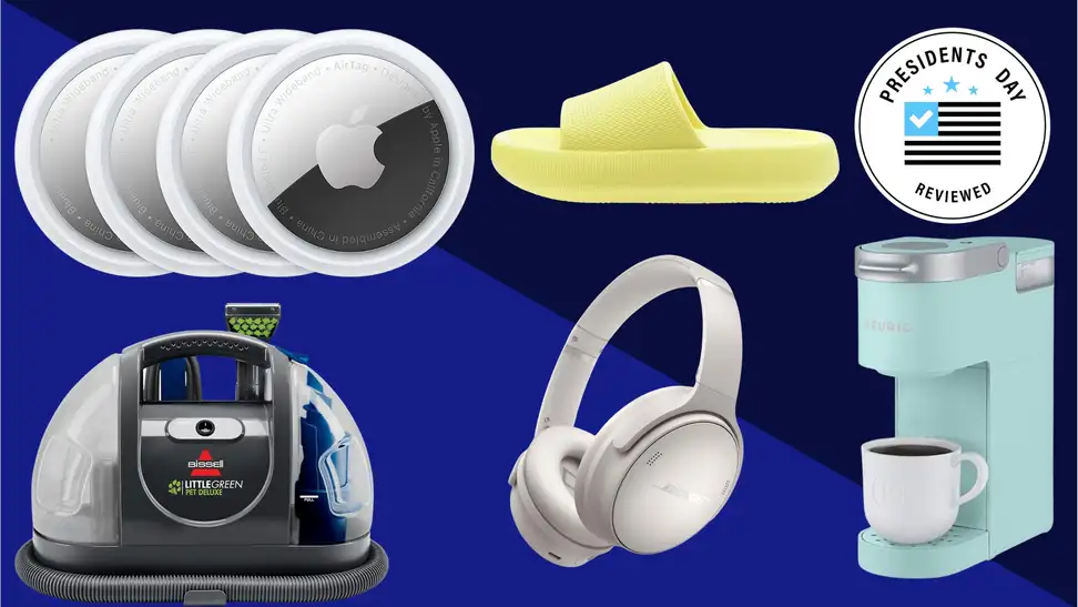 A collection of discounted items with the Presidents Day Reviewed badge in front of a colored background.