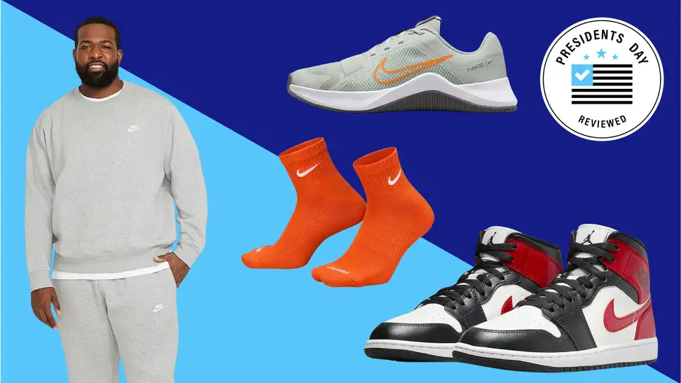 A collection of Nike activewear with the Presidents Day Reviewed badge in front of a colored background.