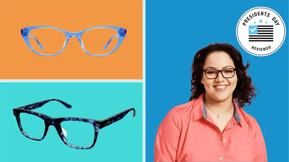 Pairs of glasses from Pair Eyewear next to someone wearing glasses with the Presidents Day Reviewed badge.