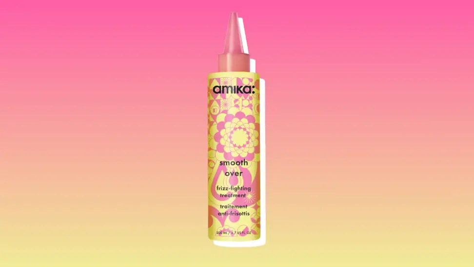 Amika frizz-fighting hair treatment against a pink and yellow background.