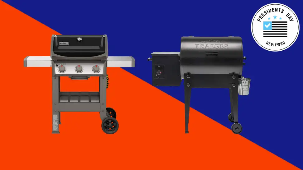 Two grills appear on a red and blue background.