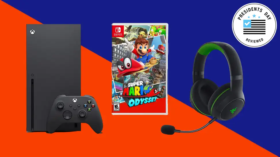 An Xbox Series X, Razer headset, and Mario Odyssey appear on a blue and red background.