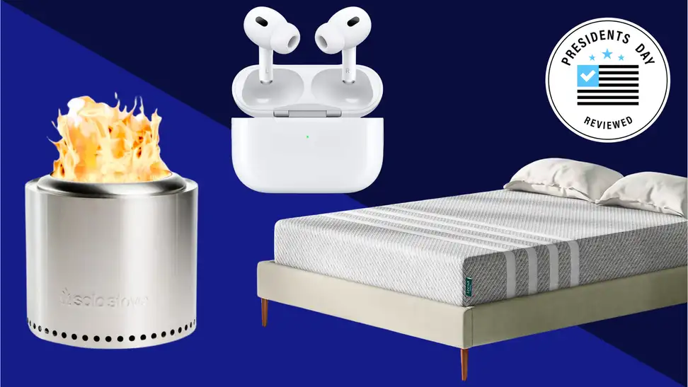 A Presidents Day collage with AirPods, a Leesa mattress, and more.
