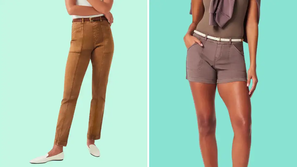 Two images of Spanx pants. The first is a pair of camel-colored, tapered twill pants, the second is a pair of rosy, near-gray shorts in twill.