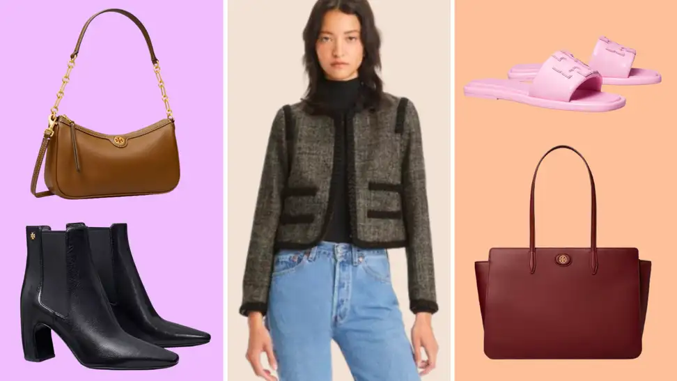 A collage with Tory Burch accessories.