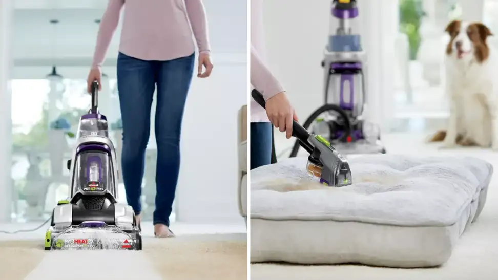 A collage of the Bissell ProHeat 2X Revolution Pet Pro Cleaner being used in a living room next to a dog.