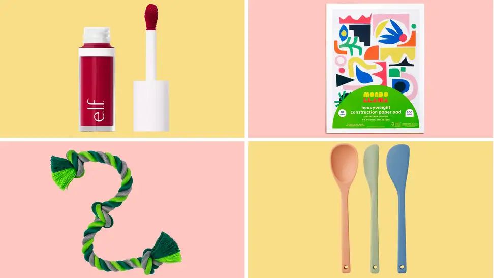 Clockwise from top left: Pictures of Red cheek stain from Elf; a pad of drawing paper; a set of three mini spatulas in pastel colors;  and a blue and green rope dog toy.