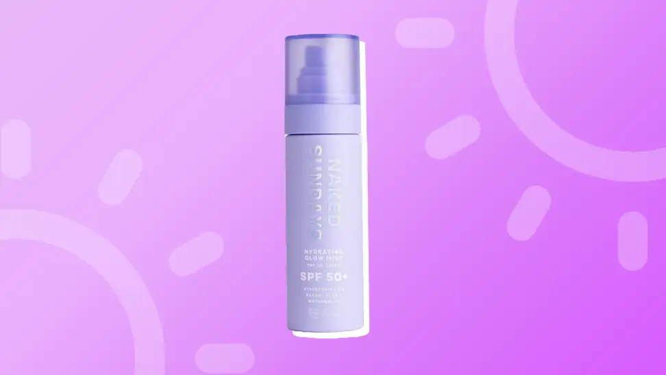 Naked Sundays SPF mist against a purple background.