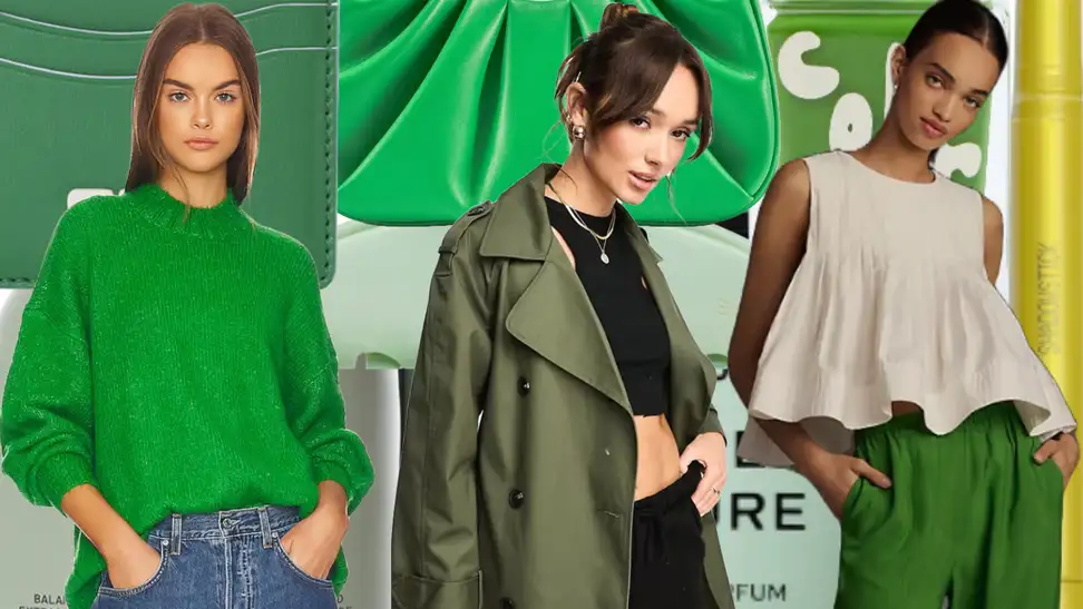 Collage of three women in front of green-colored style and beauty products