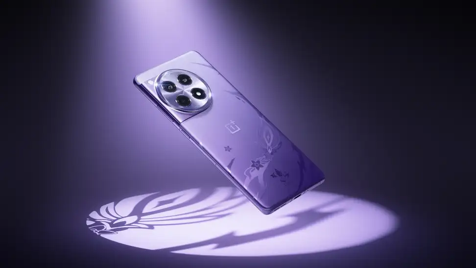 The back of the purple Genshin Impact edition OnePlus 12R smartphone floating while illuminated by a purple spotlight.