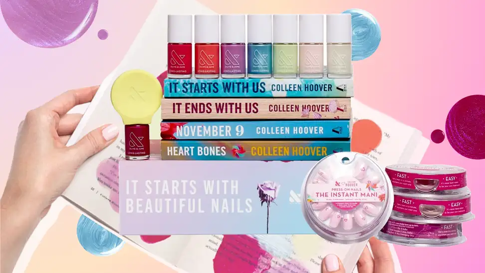 Collage of Olive & June nail polish products against a purple, orange, and pink background.