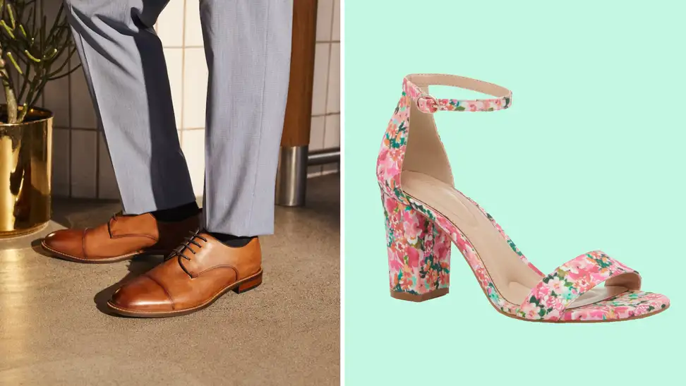 A collage of floral sandals and men's dress shoes from DSW.
