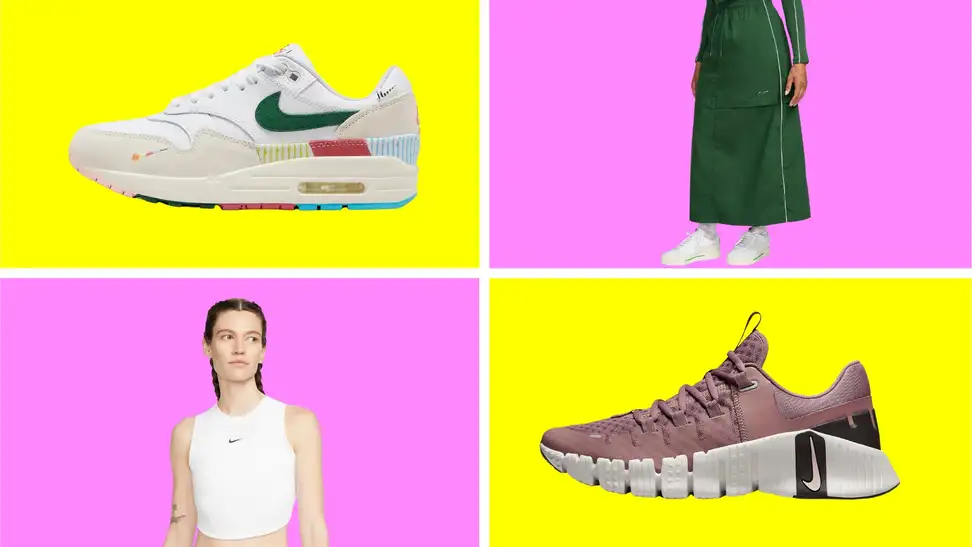 Four Nike women's items in front of colored backgrounds.