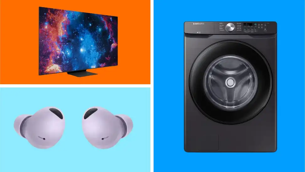 Three Samsung products in front of colored backgrounds.
