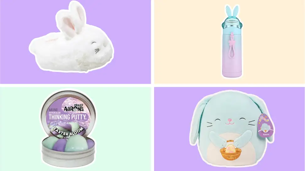 Bunny plush, drinking tumblers, Thinking Putty, and Squishmallows.