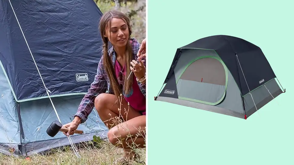 A collage with a Coleman tent a woman setting one up with a hammer.