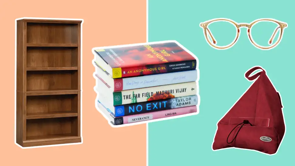 A wood book shelf, a stack of books, a book holder, and glasses on a orange and green background.