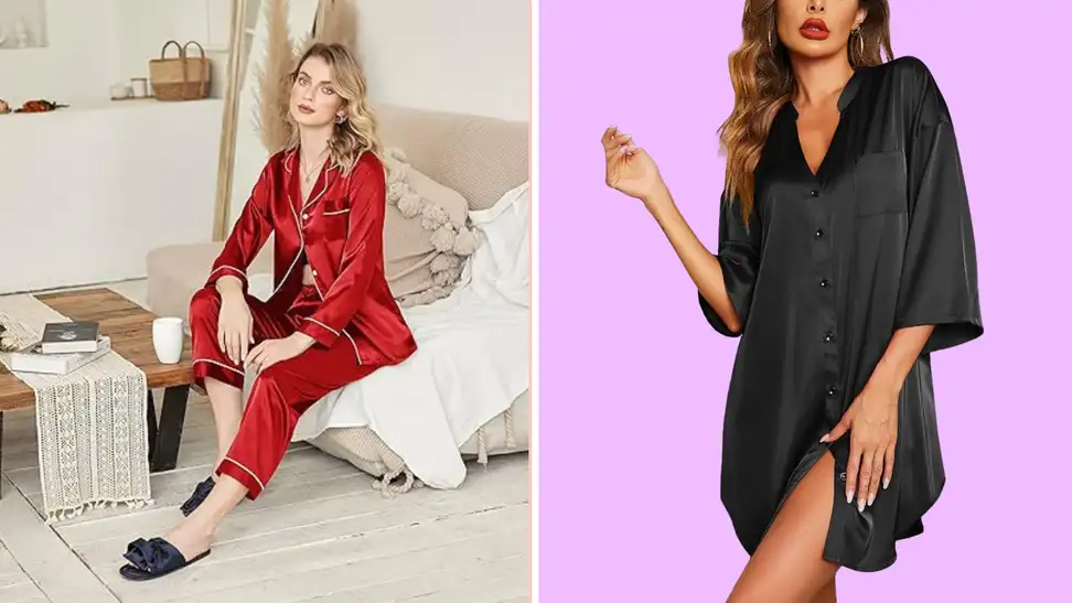 A woman wearing red sleeping pajamas and a woman in a black night gown.