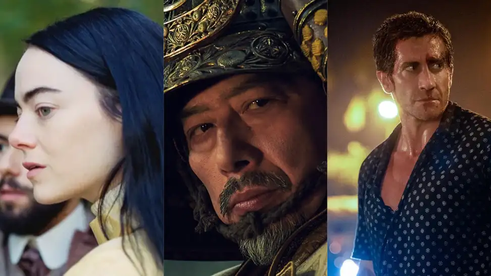 An image of Emma Stone as Bella Baxter in Poor Things alongside an image of Hironuki Sanada as Toranaga in 'Shogun,' and Jake Gyllenhaal as Dalton in the 'Road House' remake.